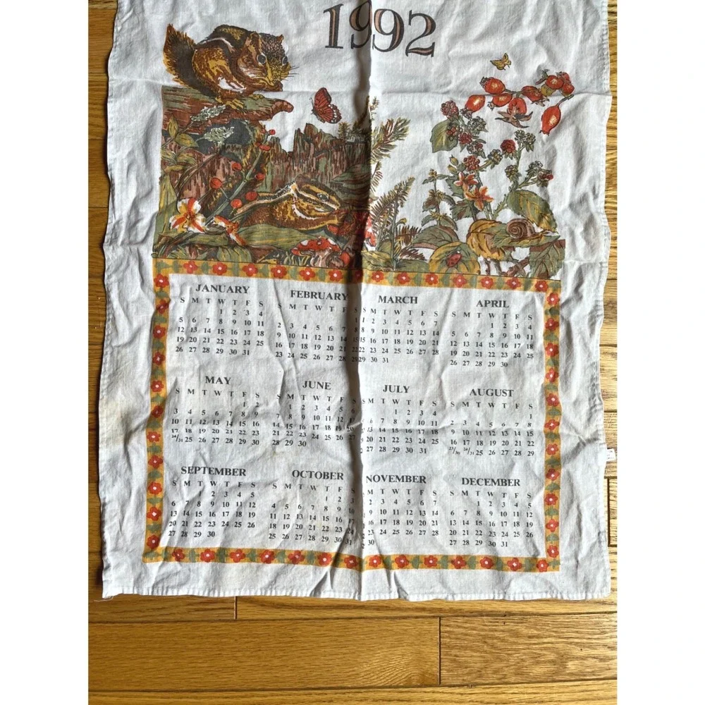 Vintage 1992 Cotton Calendar Tea Towel Nature‎ Chipmunk Wildlife Woodland 16x22